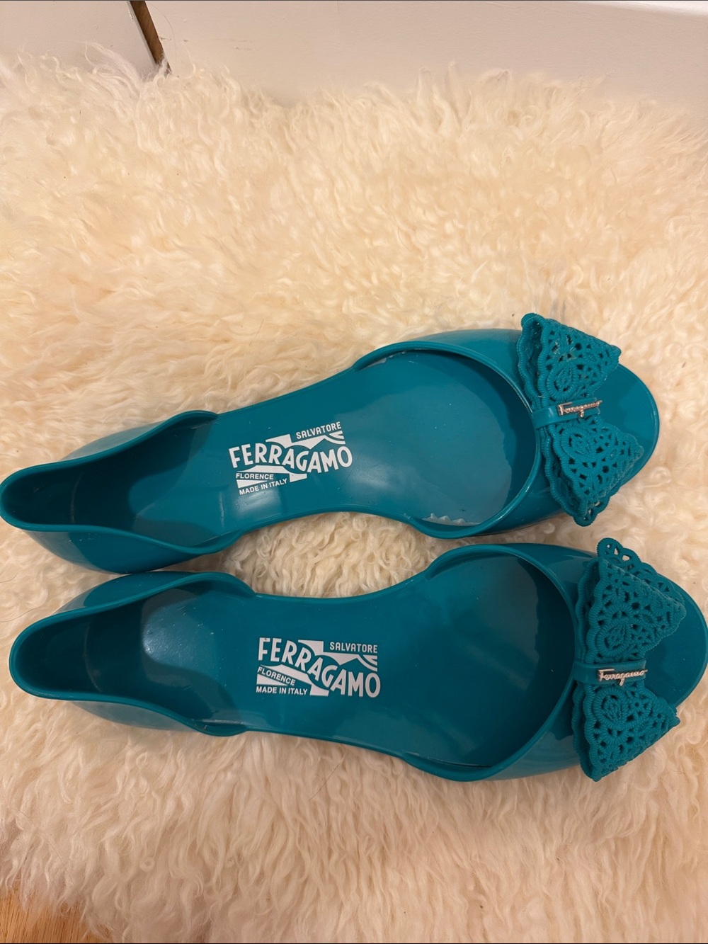 Salvatore Ferragamo Teal Jelly Bow D'Orsay Flats - Women's (size US 10)